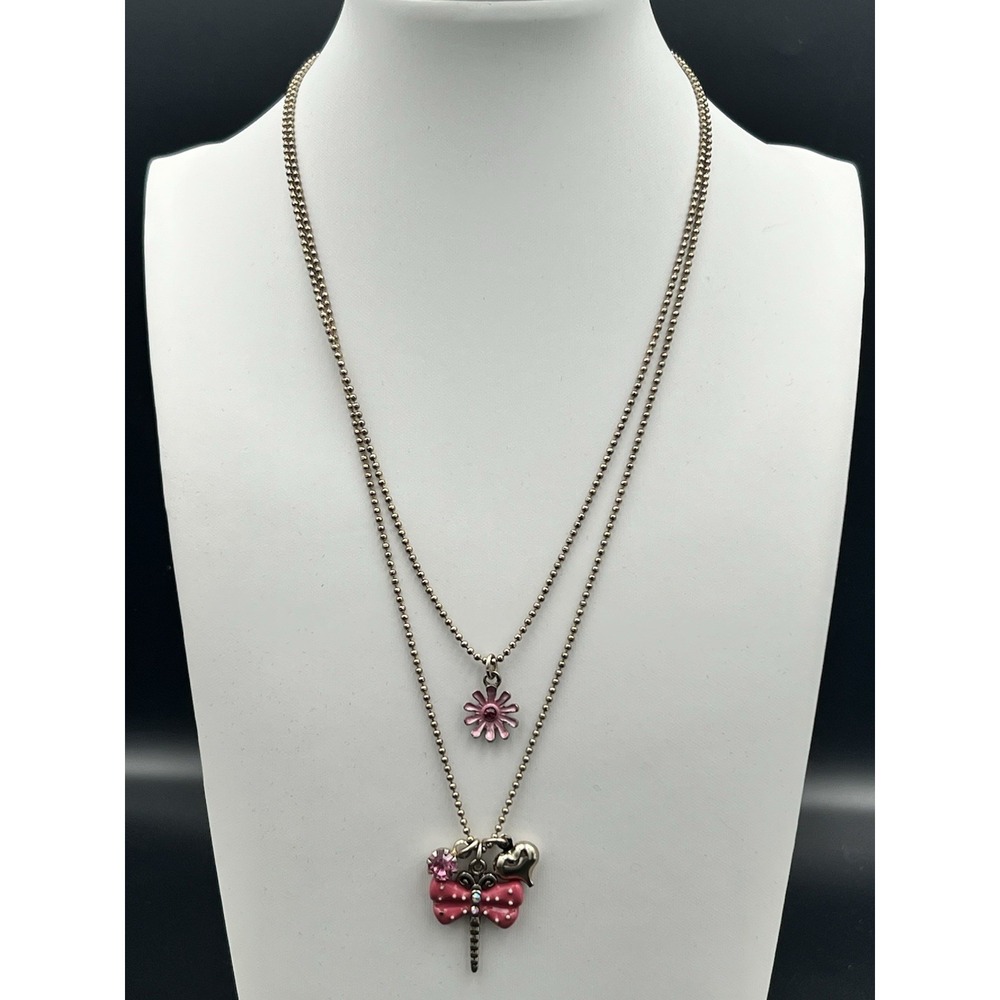 Betsey Johnson Pink Dragonfly Flower Layered Heart Necklace Size 16-19in Y2K